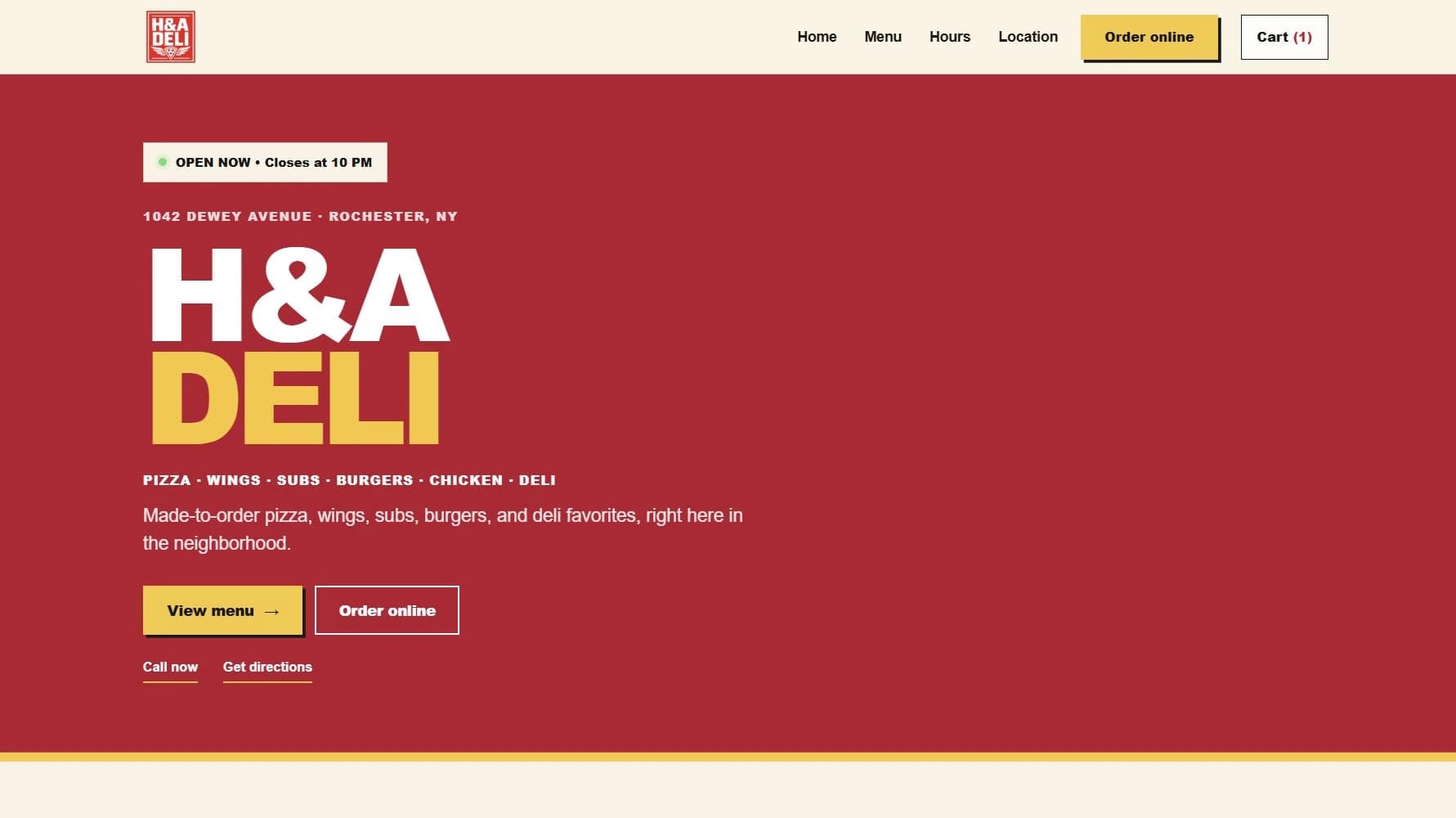 H&A Deli desktop homepage with red and yellow typography, opening hours, and ordering links