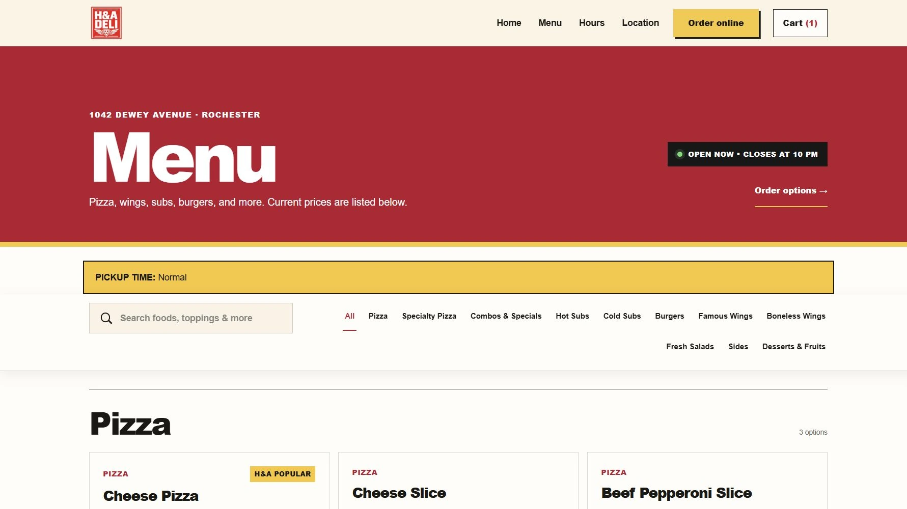 H&A Deli desktop menu with food search, category filters, and pizza cards